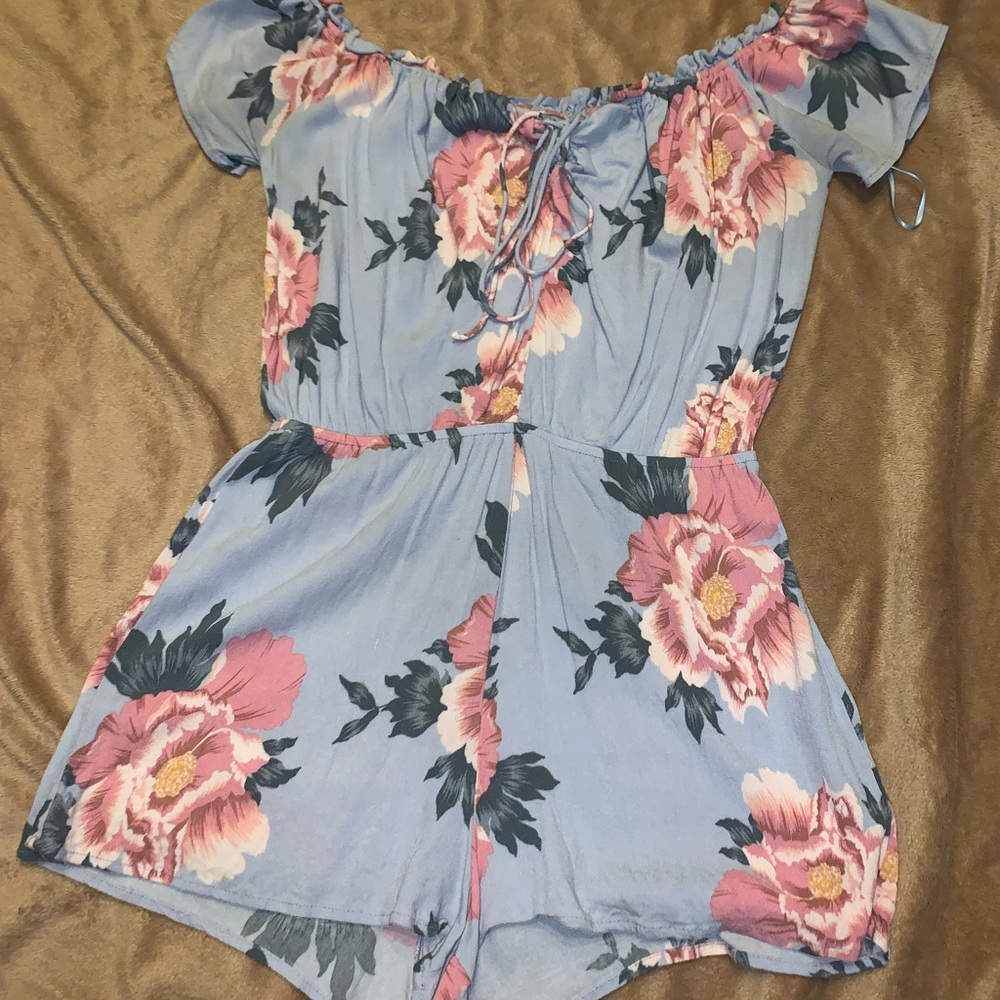 Blue Floral Kendal & Kylie Off the Shoulder Romper with Lace Up detail